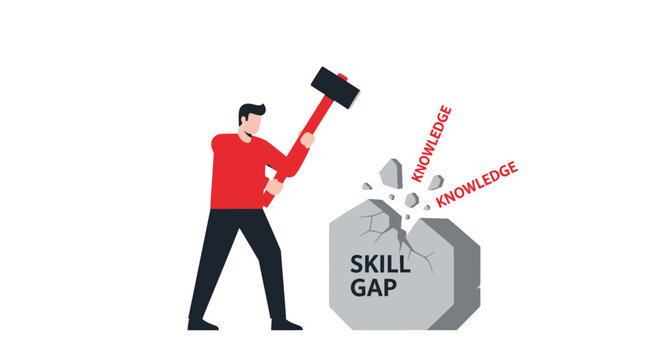 Conceptual Illustration of Overcoming Skill Gap Through Knowledge and Training - Man Breaking Stone Barrier with Hammer