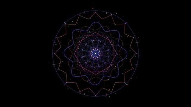 Abstract circular geometric pattern with glowing neon lines and colorful dots on a dark background for digital technology and futuristic science concept art 4k Motion Video