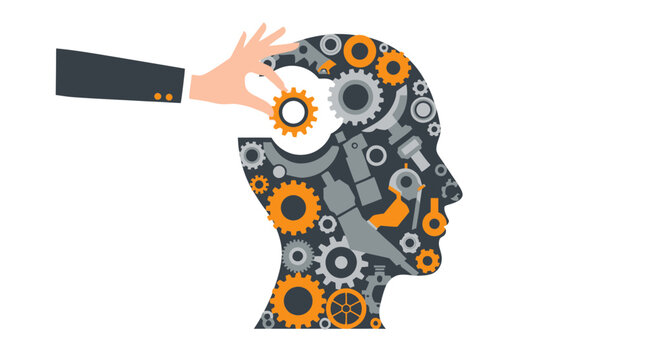 Human Mind Mechanism Concept with Hand Adding Gear to Head Profile filled with Cogs - Artificial Intelligence and Psychology Symbol