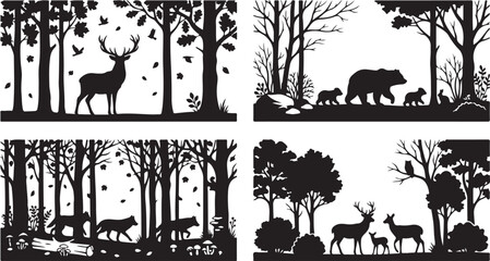 Obraz premium Four forest wildlife scenes with silhouettes of deer, bears, wolves and owls in a woodland setting on a white background