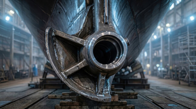 Large ship stern tube and propeller shaft housing in shipyard dry dock