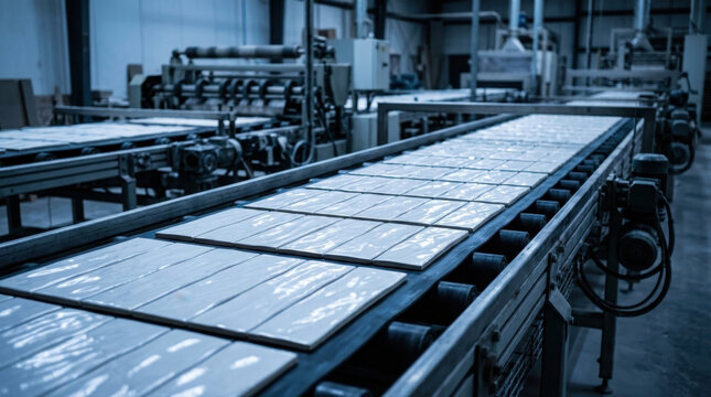 Ceramic tiles moving on automated conveyor belt in factory interior