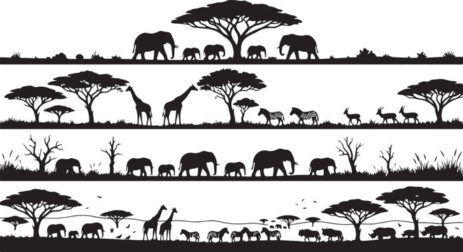 Four horizontal savanna banners with black silhouettes of elephants, giraffes, and zebras under acacia trees on white