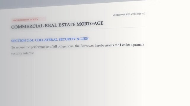 Animated typing commercial real estate mortgage document. Legal agreement section collateral security lien text cursor. Business loan financing interface screen. Financial property credit facility 