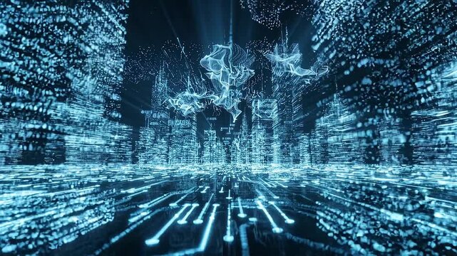 Abstract smart city concept with glowing digital buildings, data streams, and financial analytics overlay. Represents big data, artificial intelligence, IoT connectivity, 3d Rendering