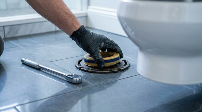 Plumber installing wax ring seal for toilet repair in a bathroom