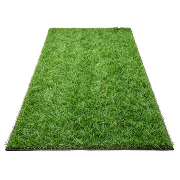 Synthetic green grass turf patch on white background with artificial grass