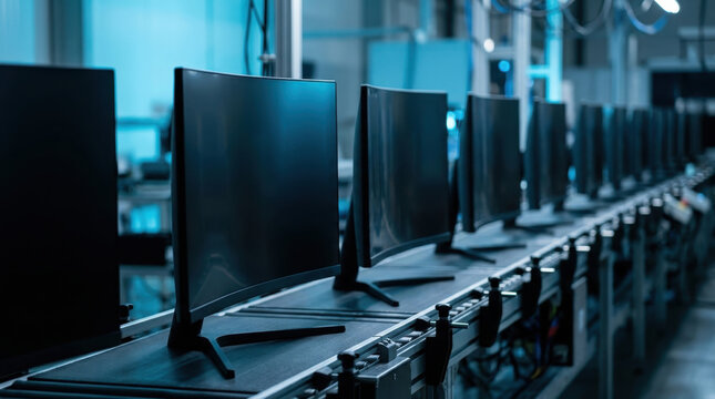 Computer monitors on assembly line in modern electronics factory