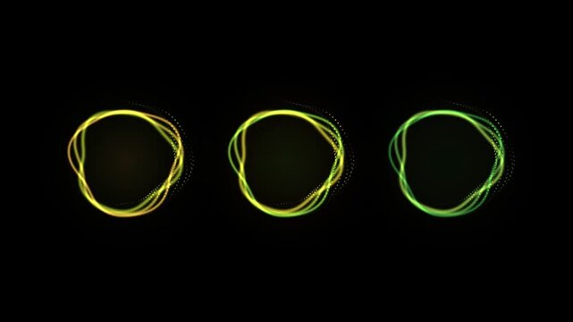 Abstract glowing light rings, three neon circular wave orbs in yellow and green, futuristic digital energy circles on black background