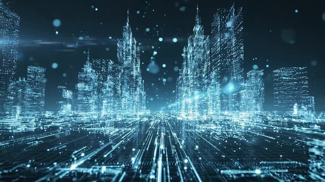 Abstract smart city concept with glowing digital buildings, data streams, and financial analytics overlay. Represents big data, artificial intelligence, IoT connectivity, 3d Rendering
