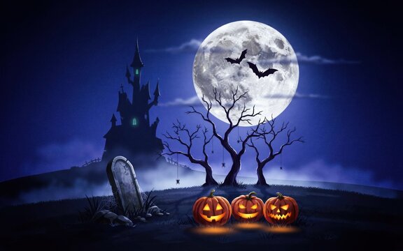 Spooky Halloween castle and pumpkins under bright full moon with bats flying.