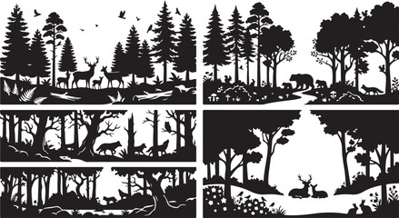 Fototapeta premium Woodland forest wildlife silhouette collection featuring deer, bears, foxes, owls, and dense pine trees in nature scenes on white background
