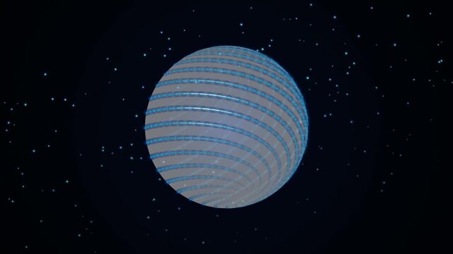 Abstract futuristic planet with glowing blue rings floating in deep outer space with many distant stars in the dark background 4k Motion Video