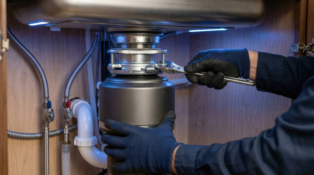 Plumber installing a garbage disposal unit under a kitchen sink