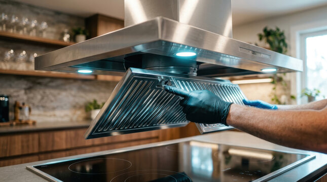 Technician cleaning and maintaining a modern kitchen extractor hood