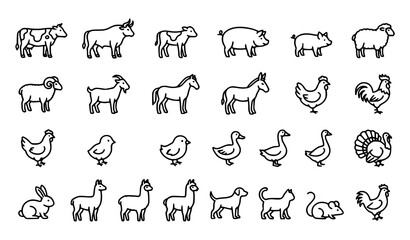 Fototapeta premium Farm Animals Editable Thin Line Icon Set