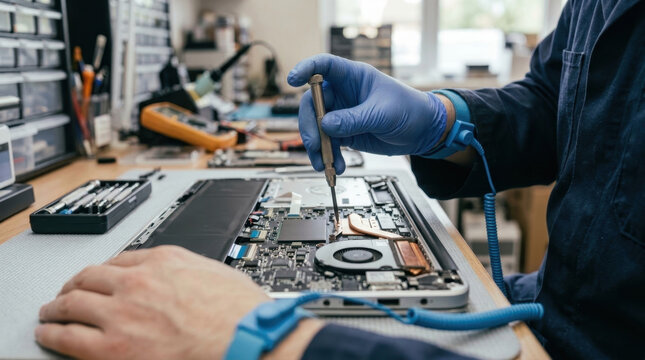 Technician repairing laptop hardware motherboard with screwdriver