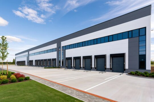 Modern logistics center with loading docks and parking