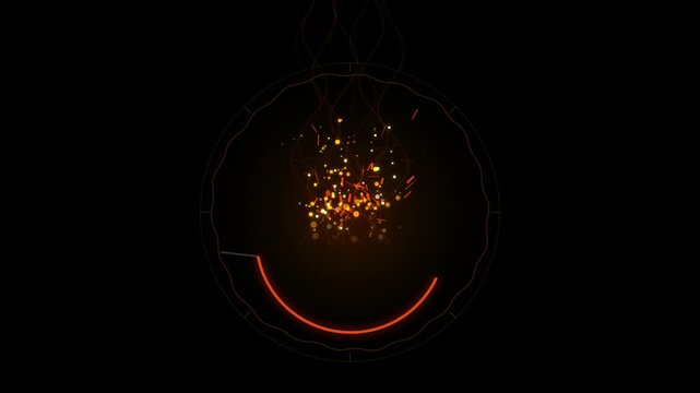 Glowing orange sparks and light particles inside a thin circular frame on a dark black background 4k Motion Video