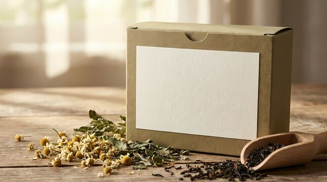 Sustainable brown cardboard tea packaging mockup with blank white label and dried herbal ingredients on rustic wooden table