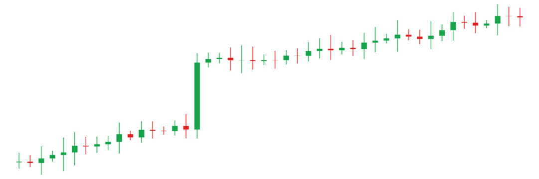 Financial stock market candlestick chart with a bullish gap up isolated on transparent background for trading analysis