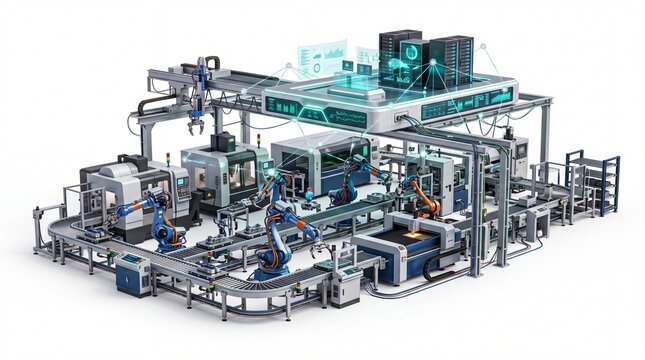 Smart factory production line with robotic arms and data screens