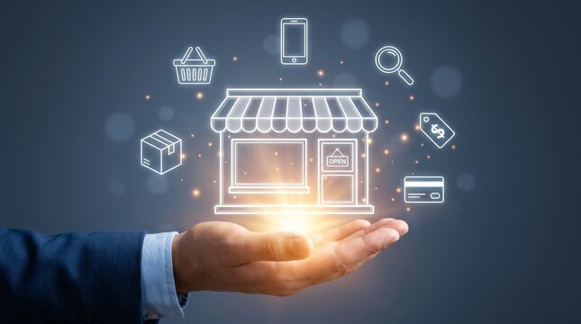 Business person holding a glowing digital storefront icon with e-commerce symbols