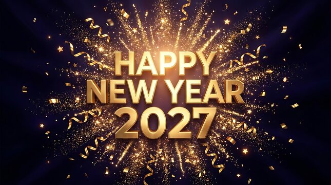 A festive golden celebration greeting card featuring fireworks and happy new year 2027 text on dark background