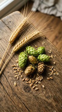Fresh green hops, dried hop cones, barley grains, and wheat stalks on a rustic wooden table