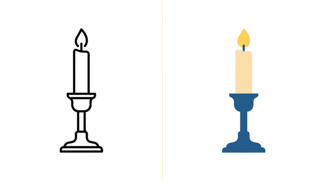 Lit candle in a candlestick holder line art and flat design