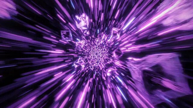Purple hyperspace tunnel with floating geometric crystals