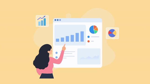 Animated video showing a person presenting a business analytics dashboard with bar charts, pie charts, data reports, and performance indicators on a warm yellow background.