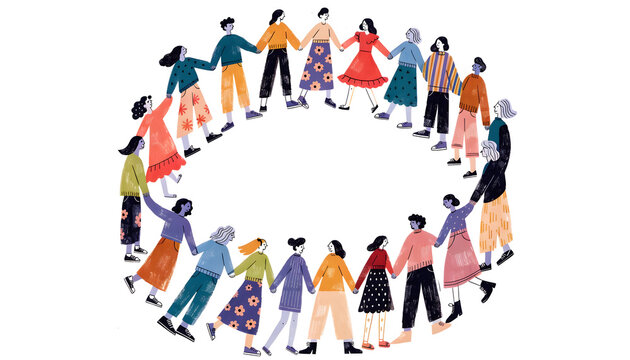 Diverse multiracial people holding hands in large round circle. Global community and social solidarity. Men and women standing together connected in unity and harmony