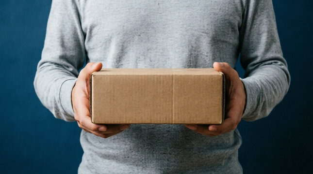 A person in a gray sweater holds a plain cardboard delivery box against a dark blue background.
