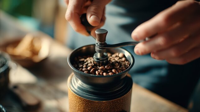 A person grinding fresh coffee beans with a manual grinder, preparing for brewing.