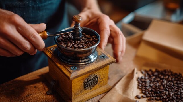 A person grinding fresh coffee beans with a manual grinder, preparing for brewing.