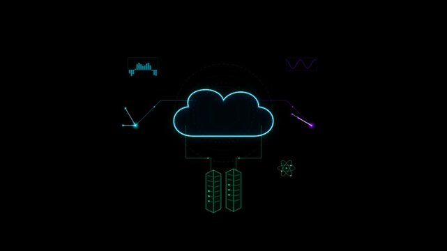Neon blue cloud computing symbol with data servers and digital network connection lines on a dark background for modern technology and internet information storage concepts 4k Motion Video