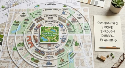 Obraz premium Neighborhood Evolution Planning Diagram Showing Growth Stages and Urban Development