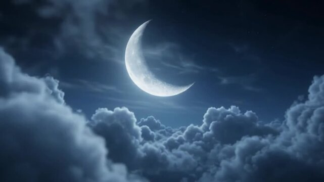 Glowing crescent moon shining over dark night clouds