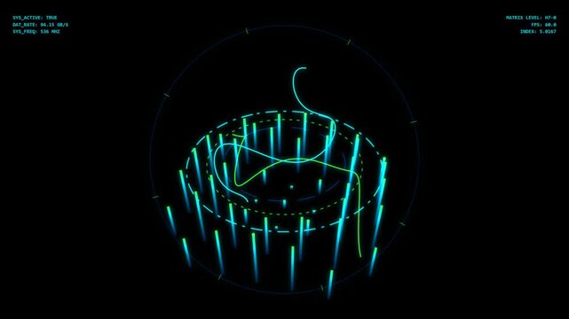 Futuristic digital data visualization with glowing blue light waves and circular interface elements on a dark black background for technology and science concepts 4k Motion Video