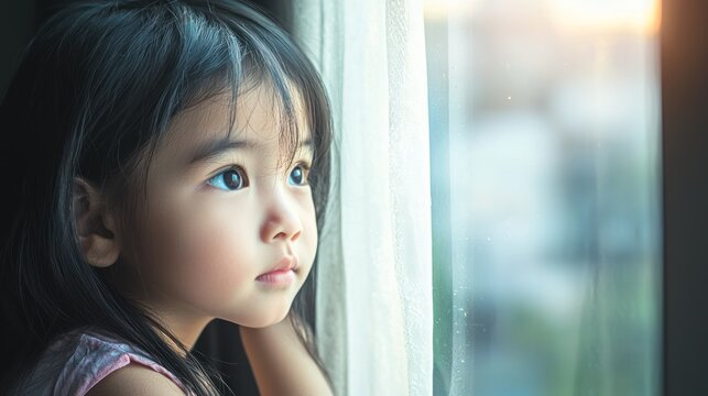 A portrait of an orphanage child from an Asian country, sitting by the window and looking out with curiosity.
