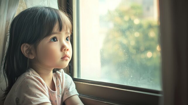 A portrait of an orphanage child from an Asian country, sitting by the window and looking out with curiosity.