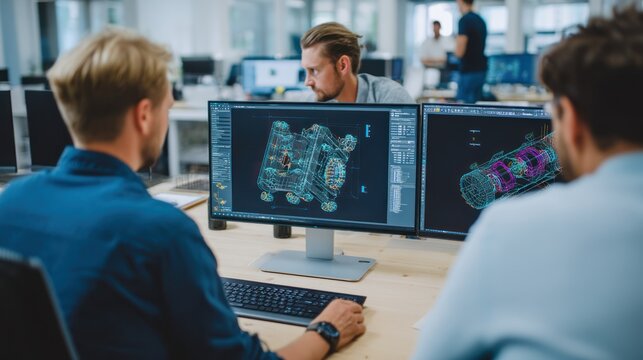A product designer collaborating with an engineering team, looking at CAD models on a computer screen.