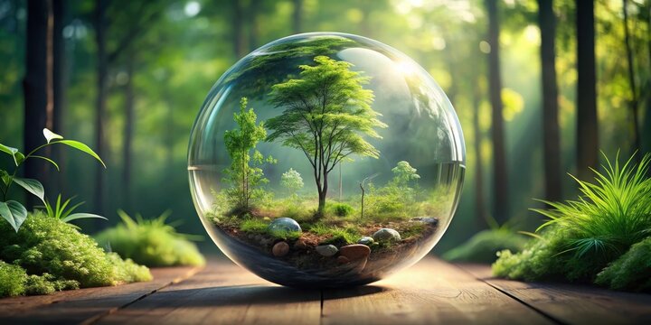 A small forest ecosystem inside a large glass globe with various plants and trees , green world, trees,  green world, trees