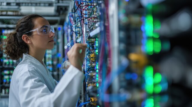 A professional in a lab setting interacting with a supercomputer, running complex algorithms and simulations.