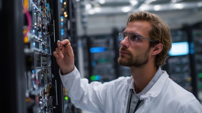 A professional in a lab setting interacting with a supercomputer, running complex algorithms and simulations.