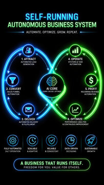 Self running autonomous business system glowing loop network with futuristic automation concept and organized workflow diagram design