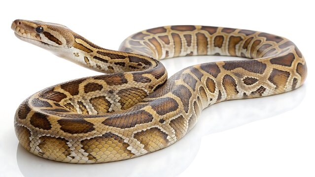 Burmese python snake coiled on a clean white background