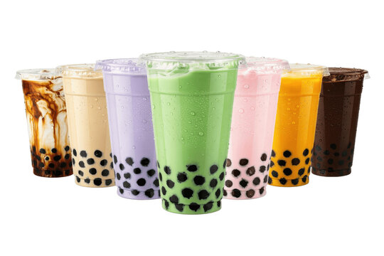 Assorted colorful bubble tea drinks in plastic cups with black tapioca