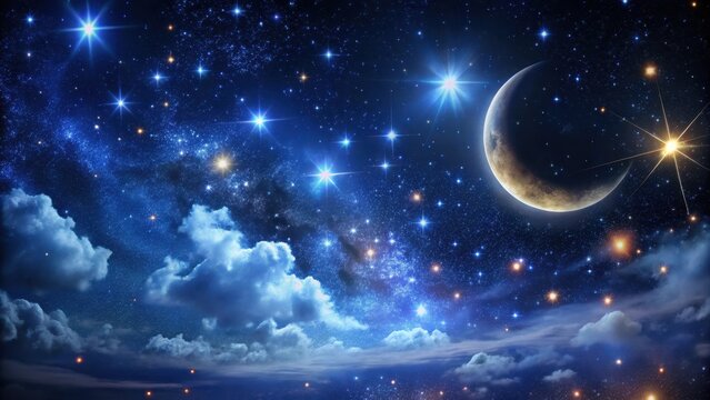 Dark night sky with numerous stars and a crescent moon shining brightly in the darkness of space, moon, celestial